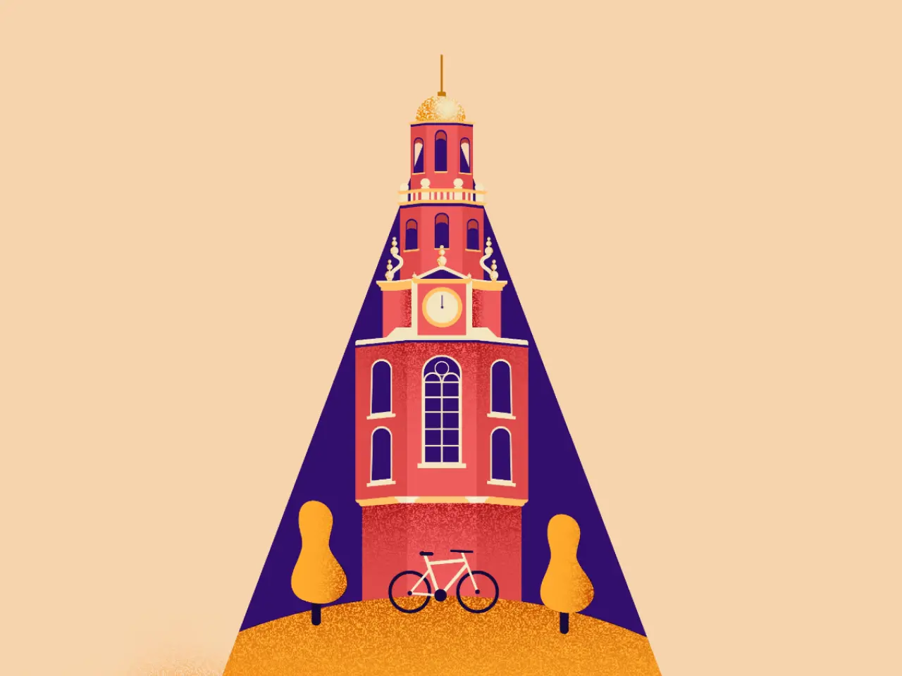 Illustration of the Montelbaanstoren clock tower in Amsterdam, with a bicycle and two trees at its base.